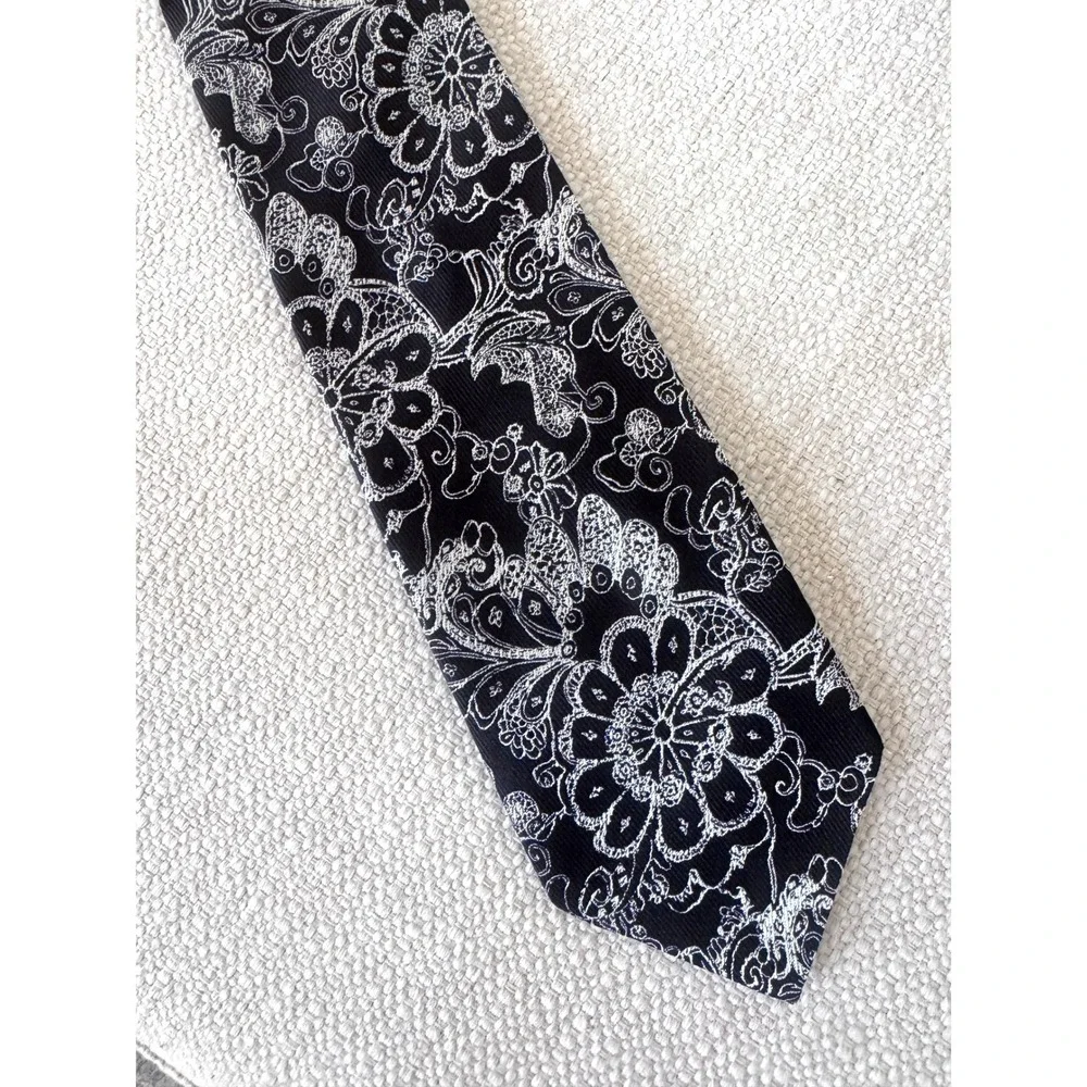 Christian Lacroix Mens Silk Tie Black White Floral Pattern Made in ITALY
